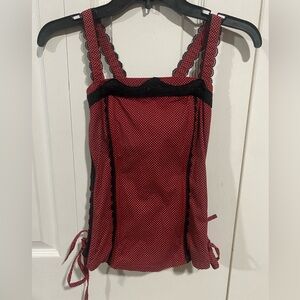 tripp nyc white polka dot boned corset black and red